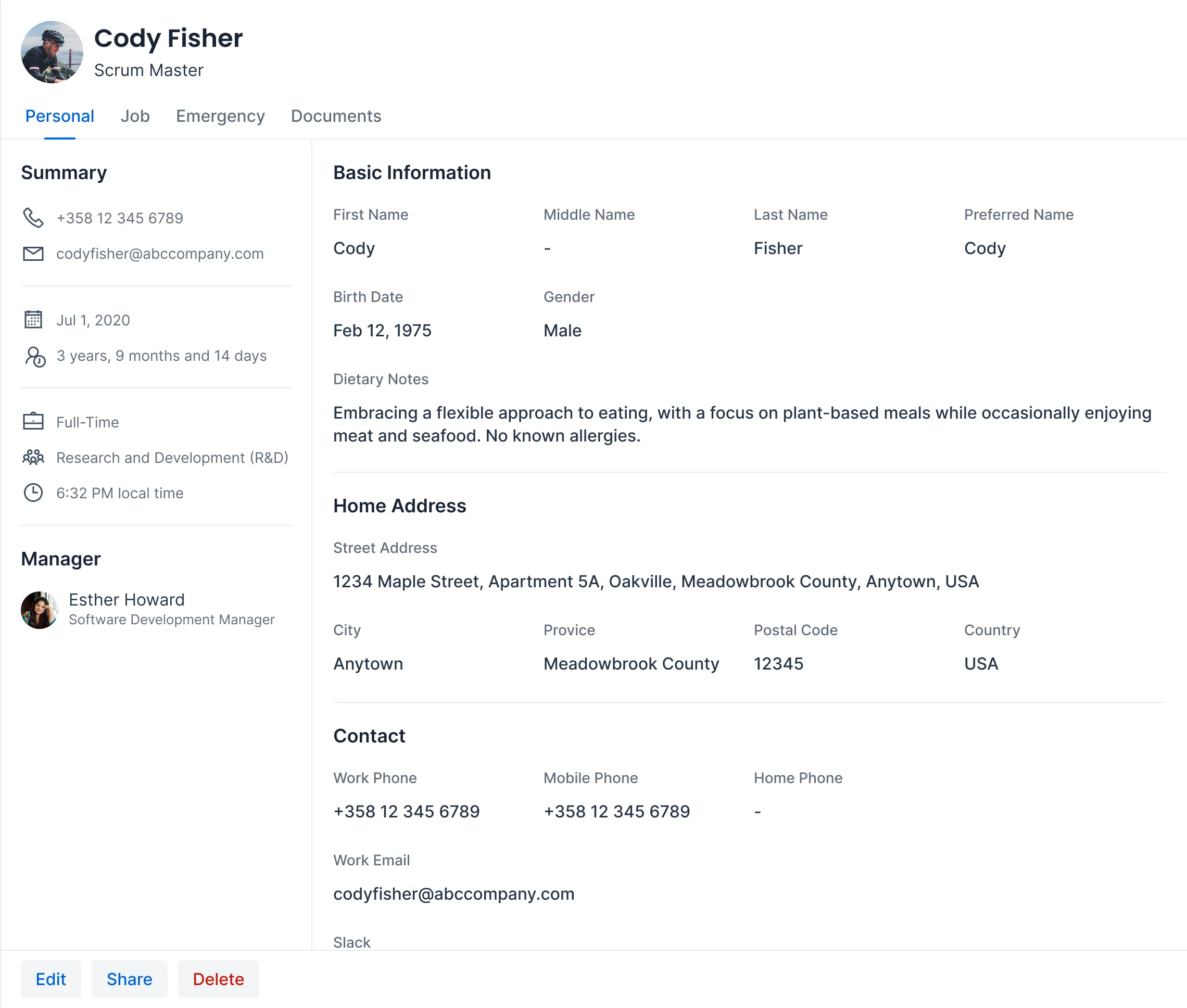 A mock-up of a view with employee details