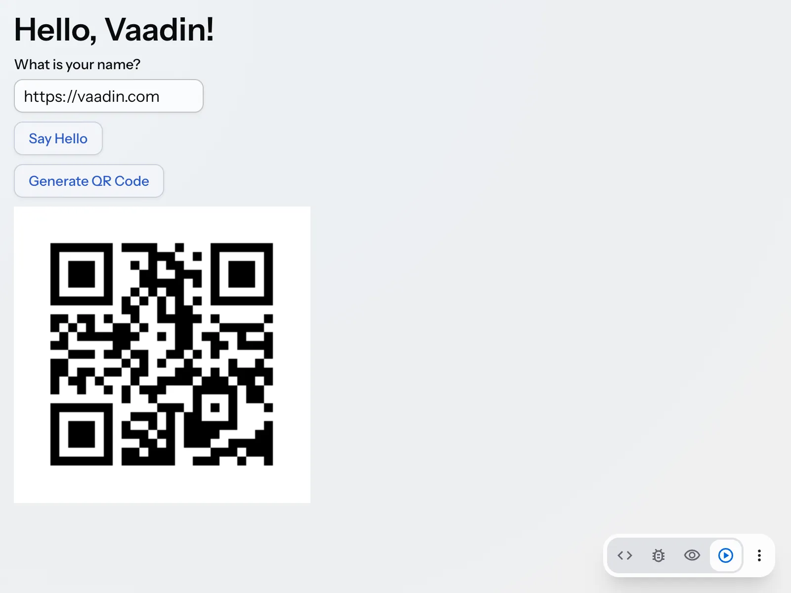 The Vaadin view with a button to generate a QR code